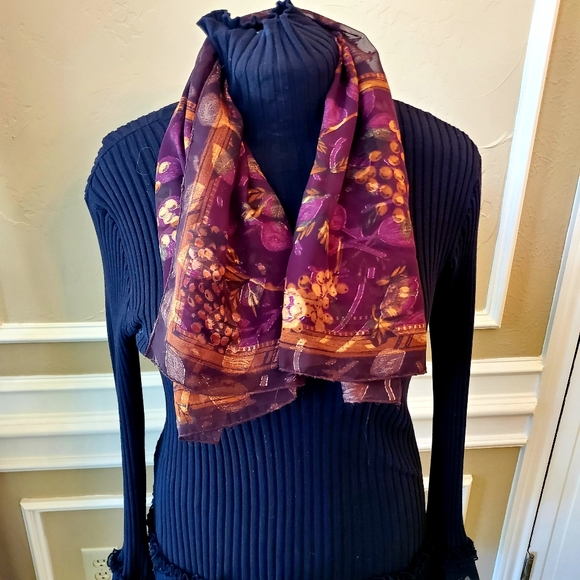 Beautiful Purple and Floral Silk Scarf - Picture 4 of 5